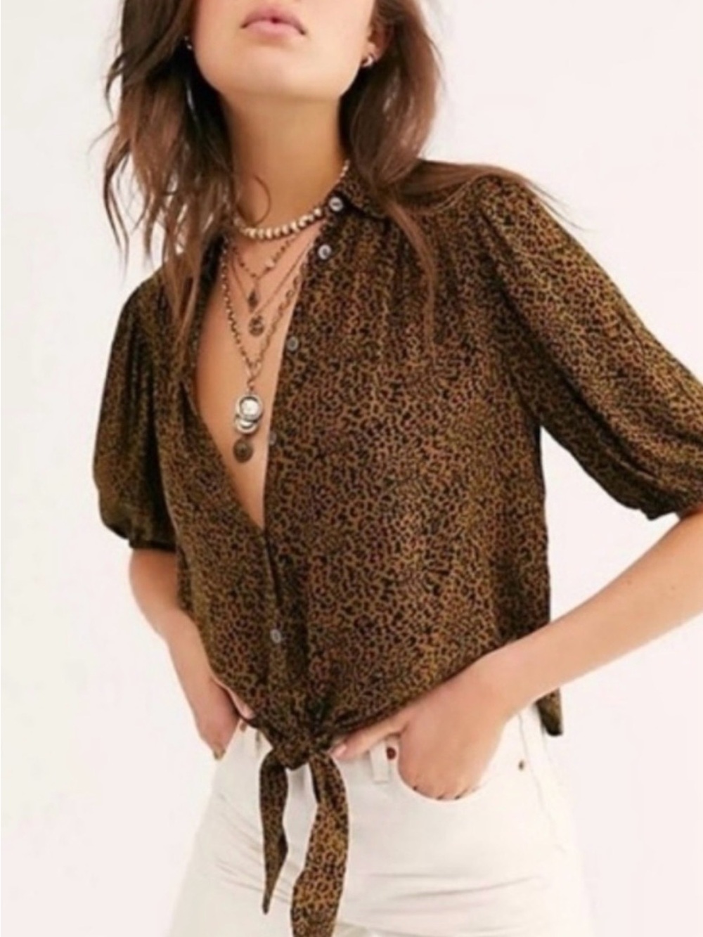 Free People Celia Leopard Print Tie-Front Blouse